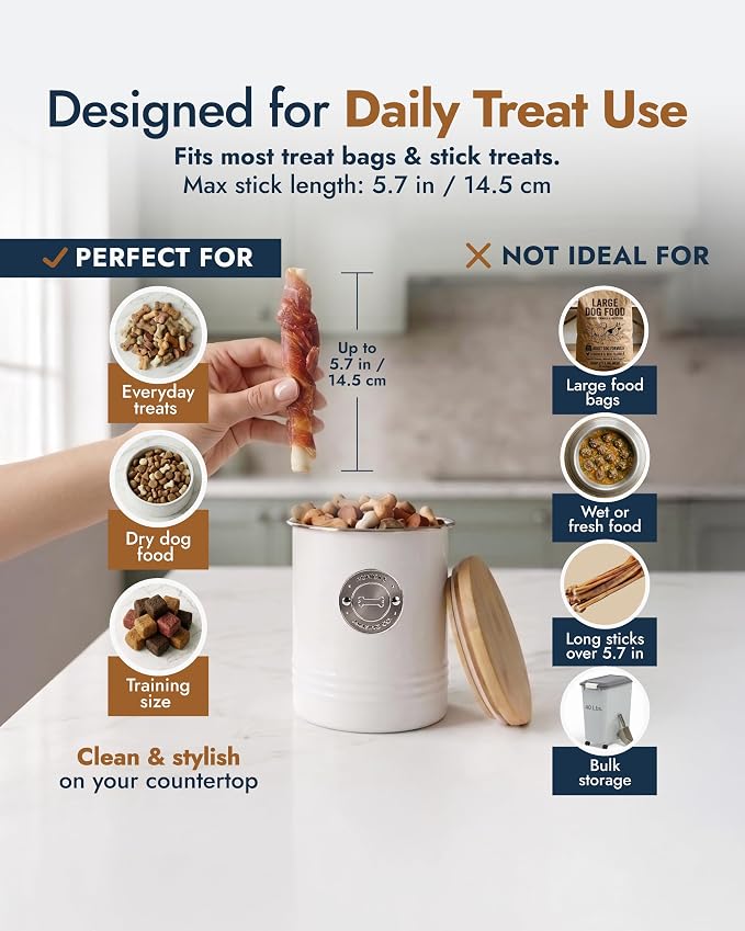 Dog Treat Container with Bamboo Lid, White Metal, 5.1” W x 6.5” H, 6.4 Cups | Silicone Seal, Easy-Open Lid, Premium Seamless One-Piece Body, Dent-Resistant, Fits Most Dog Treats, Modern Countertop Decor