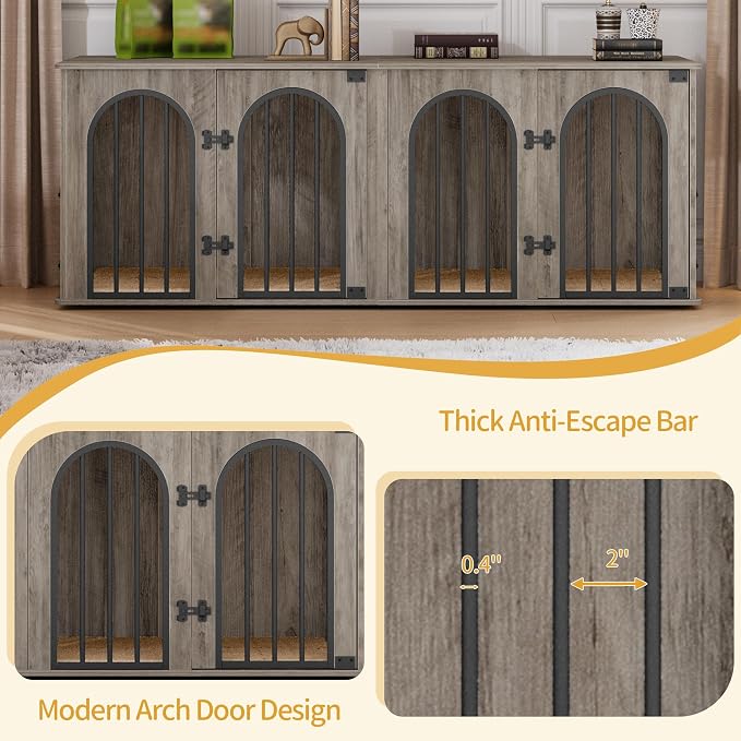 Hzuaneri 63" Double Dog Crate Furniture, Dog Kennel Indoor with Cushion | Heavy Duty Dog Crate Furniture for 2 Dogs,Dog Cage End Table TV Stand with Divider for Med-Large Dogs,Greige Black DFC80905B