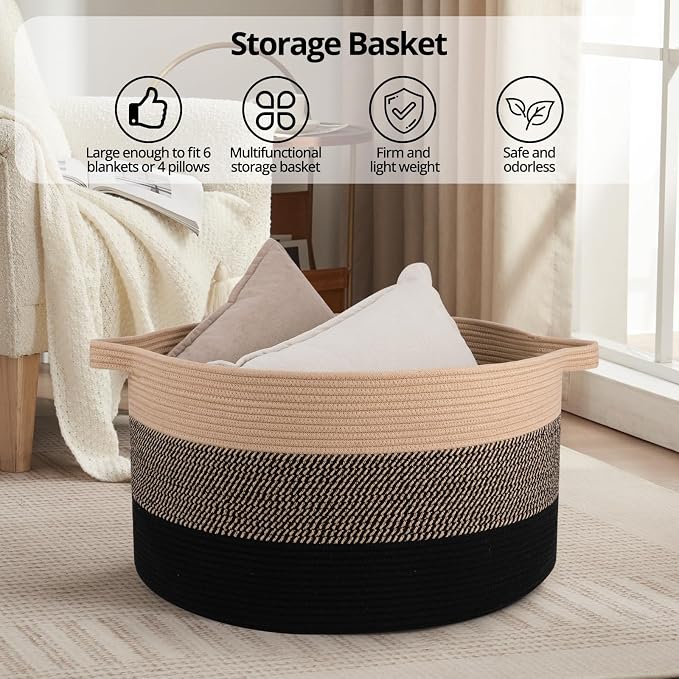 OIAHOMY 90L Extra Large Blanket Basket - Decorative Cotton Rope Storage Basket for Bedroom, Living Room & Nursery - Woven Laundry Hamper for Organizing Blankets, Clothes & Toys - Yellow and Black