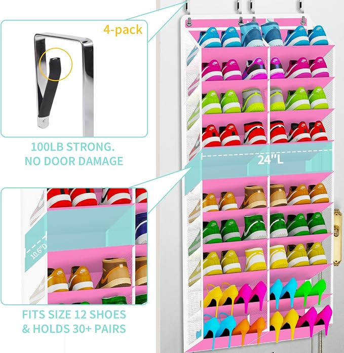 Heavy-Duty over the Door Shoe Organizer, Extra-Wide Large, Holds 30 Pairs & Supports 100lbs, with Reinforced Grommets & Bamboo Rods, Fits Men's Size 12 & Boots, Pink