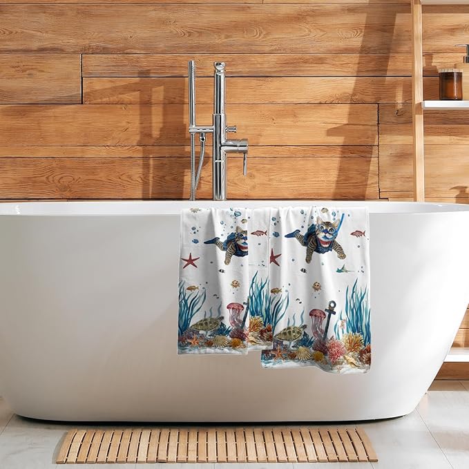 Giwawa Funny Cat Hand Towel Set of 2 Summer Nautical Ocean Blue Sea Towel Underwater Swimming Kitten Decorative Face Fingertip Towel Dish Wash Cloth for Bathroom Hotel Gym Home Spa