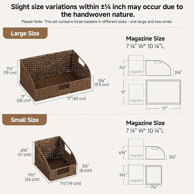 StorageWorks Pantry Storage Baskets, Shelf Baskets, Brown Baskets, 3-Pack | Paper Rope Pantry Baskets, Wicker Baskets with Handles, Handwoven Shelf Baskets for Organizing, Pantry Organizers and Storage