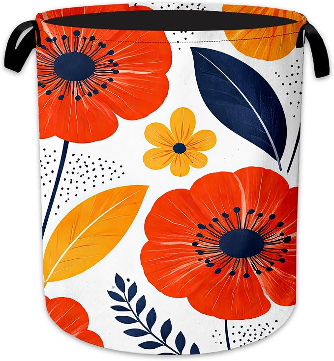 Moon Stars Laundry Hamper, Floral Leaves Laundry Baskets, Waterproof Oxford Cloth for Room/Bathroom/Bedroom/Dormitories 16x20.8 Inch