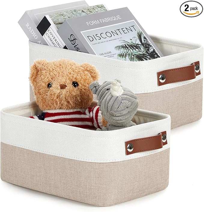 DULLEMELO Collapsible Fabric Storage Bins - Set of 2, 11.8x7.9x5.1 Inch, White & Khaki