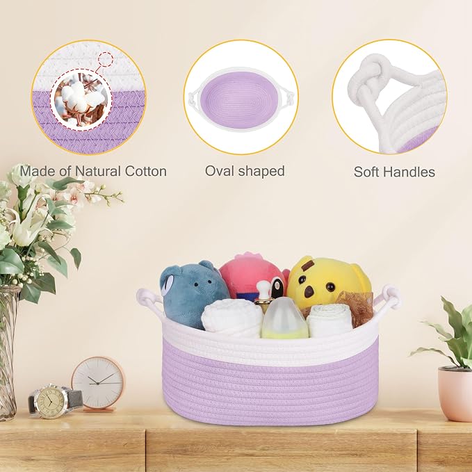 Small Empty Gift Basket with Bag & Ribbons, White & Purple | 12“x8”x5”, Cotton Rope Woven Basket for Birthdays, Baby Showers, Mother's Day, Christmas; Stores Small Items, Kids & Pet Toys