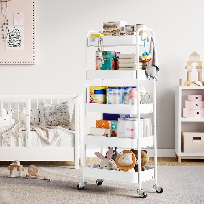 TOOLF 5-Tier Metal Rolling Cart with Wheels, Storage Utility Organizer Cart for Kitchen, Bathroom, Office, Baby Essentials & Makeup - Lockable Casters, Easy Assembly, Large Capacity, White