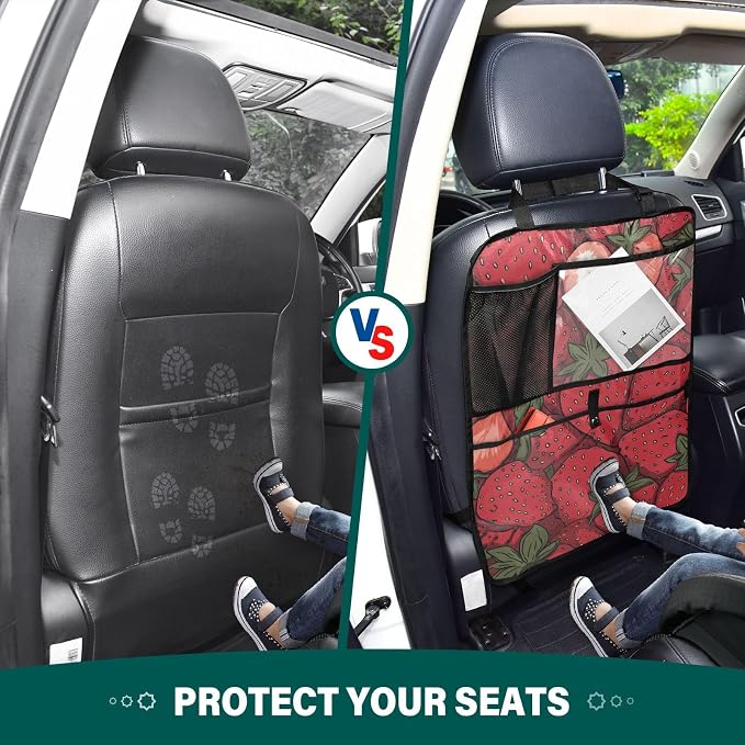 1 Pack Back Seat Car Organizer with Storage Pockets Kick Mats Back Seat Protector Hanging Car Organizer Automotive Seat Back Cover Organizers Cartoon Red Strawberry