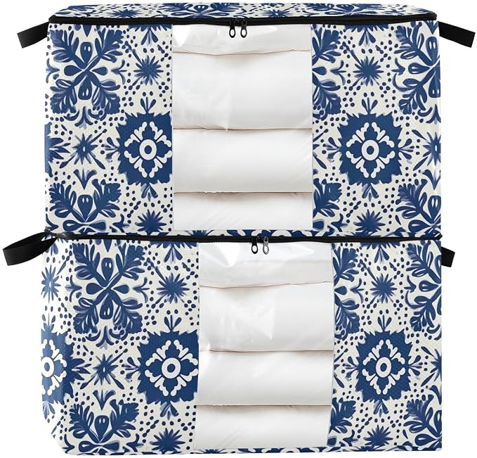 Generic Blue Mexican Talaveras Clothes Storage Bag Bins 2 Pack Foldable Storage Containers Large Closet Organizer with Zipper Storage Cubes for Comforters Clothing Pillows 95L