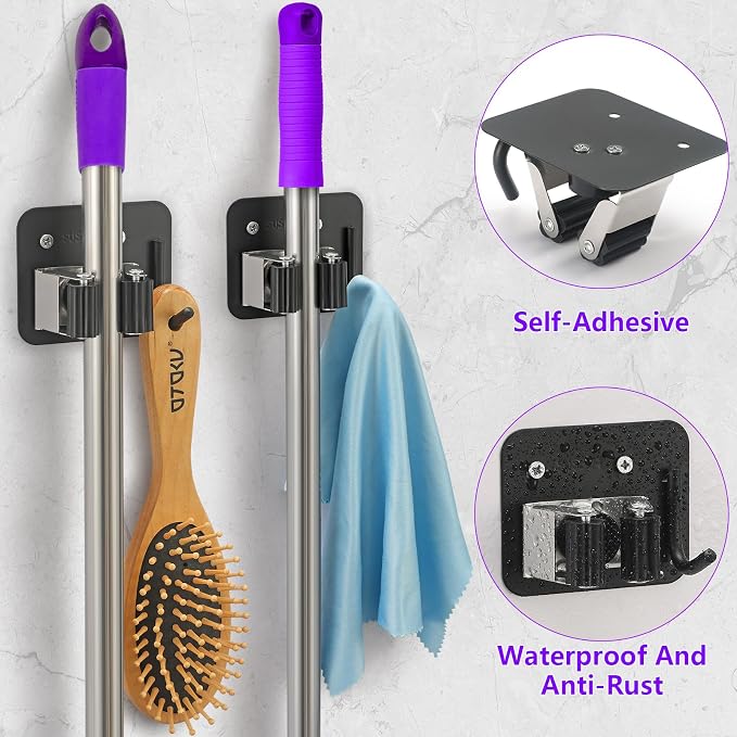 Broom Holder Wall Mount Rack, 304 Stainless Steel Mop and Tool Organizer | Drill-Mounted Gripper Rack Holds Brooms, Mops and Garden Tools Safely in the Laundry Room, Kitchen, Garage, Garden and Shed