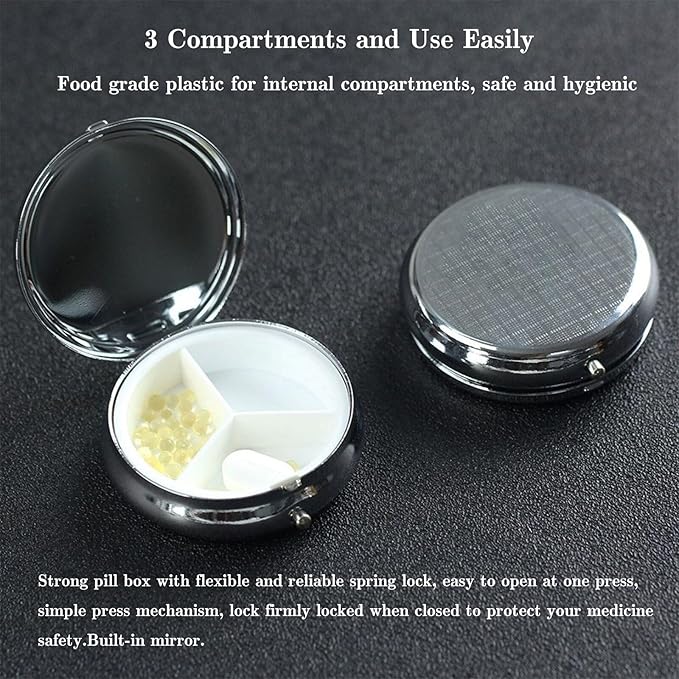 Pill Box, Small Pill Organizer with 3 Compartments and Mirror, Cute Round Portable Travel Metal Pill Case for Pocket or Purse, Privacy-Protecting Medicine Box-Black Blue Tree Leaves American Flag