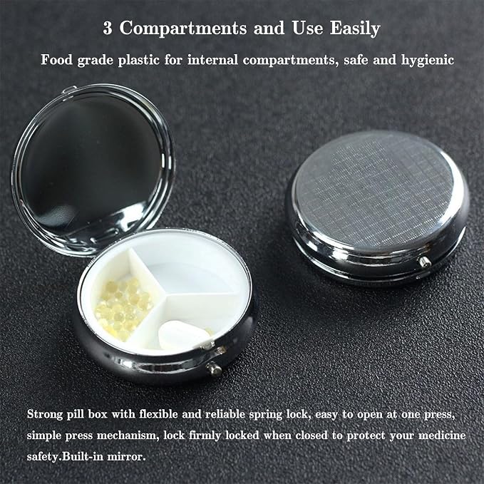 Pill Box, Small Pill Organizer with 3 Compartments and Mirror, Cute Round Portable Travel Metal Pill Case for Pocket or Purse, Privacy-Protecting Medicine Box-Blackmoth