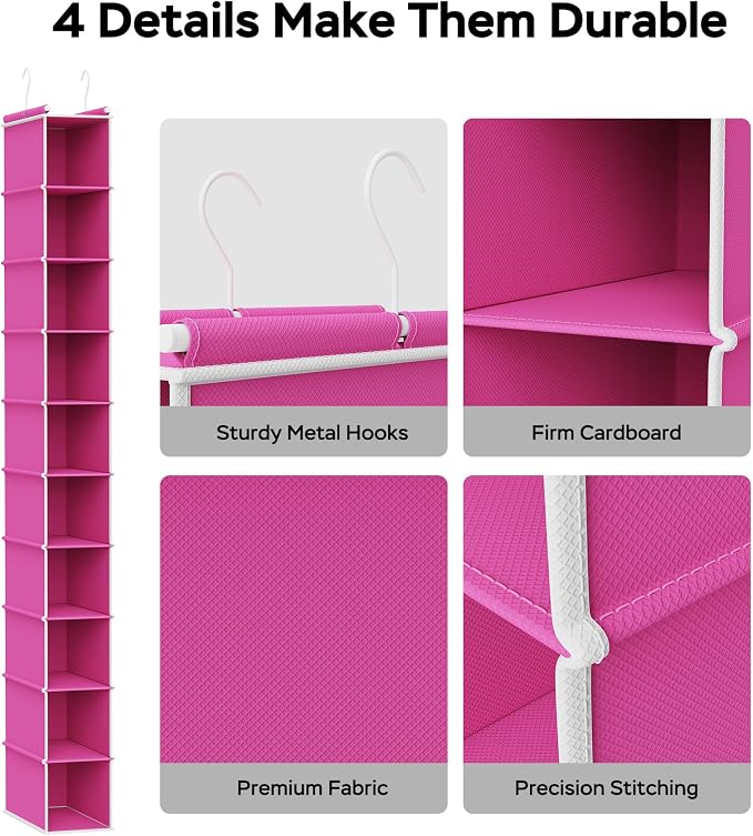 MAX Houser 10 Tier Slim Hanging Shoe Organizer,Pink | Foldable Hanging Shoe Storage Shelf with 2 Metal Hooks, Space Saving Storage for Narrow Space
