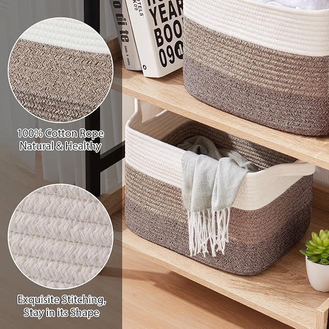 OIASKET Storage Basket for Organizing, Woven Baskets for Storage, Rectangle Decorative Baskets for Shleves, Closet, Toys, Book, Nursery Organizer Bins - Pack of 3 (Gradient Dark Brown, 13"x9.85"x8.7")