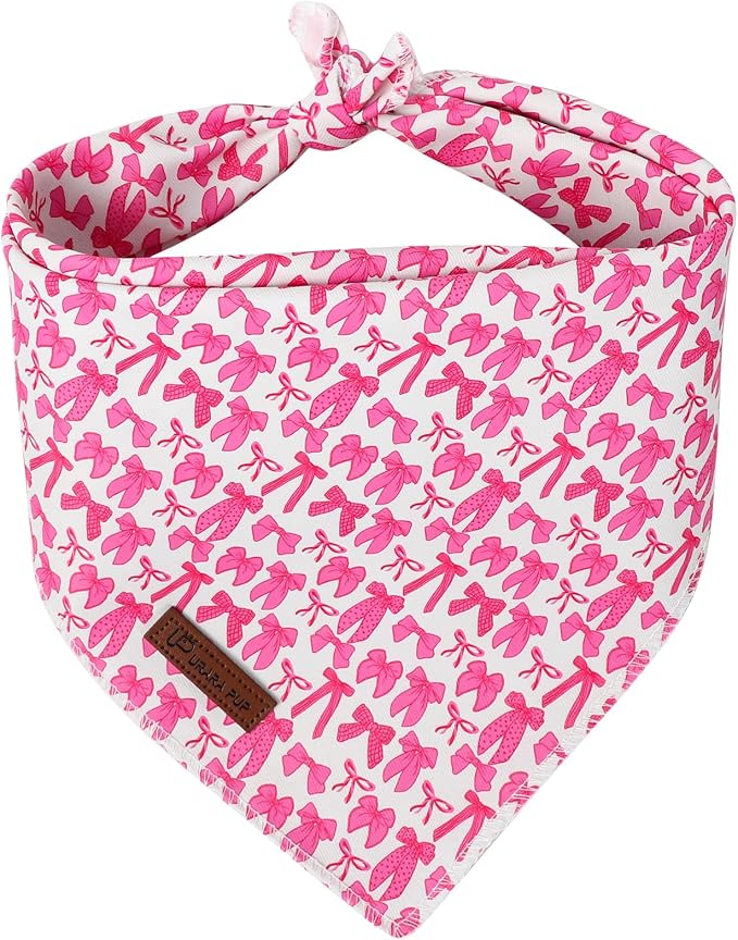 Pink Bow Dog Bandana, Rose Pink Bowtie Puppy Bandana for Girl Female Dogs, Soft Cotton Pet Triangle Bid Scarf Kerchief for Girl Boy Dogs or Cats