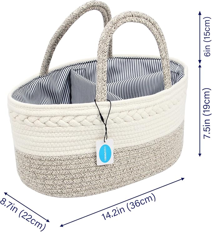 Casaphoria Caddy Organization Woven Cotton Rope Basket storage Caddy or Gift, Soft Circular Basket with Handle, Cotton Material,Light Brown(15.5"x10"x7.5")