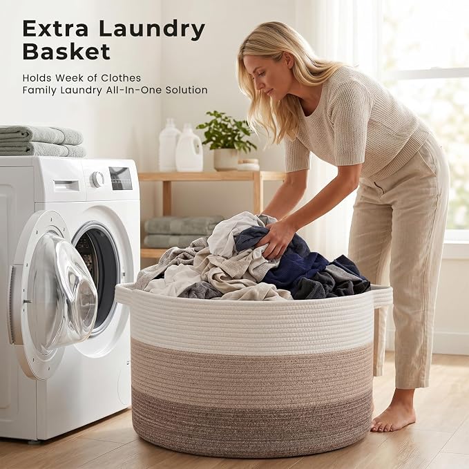 OIAHOMY 90L Extra Large Blanket Basket - Decorative Cotton Rope Storage Basket for Bedroom, Living Room & Nursery - Woven Laundry Hamper for Organizing Blankets, Clothes & Toys - Gradient Brown