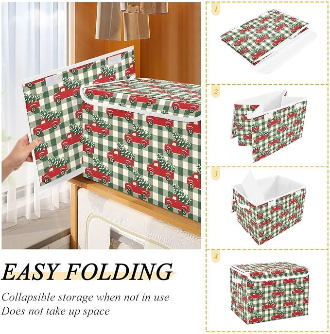 Christmas Red Truck Storage Bins with Lids Closet Bedroom 40L Fabric Bin | Decorative Storage Boxes, Foldable & Stackable, Dust-Proof Flip Top, Reinforced Handles, For Home & Dorm, Clothes & Toy Box