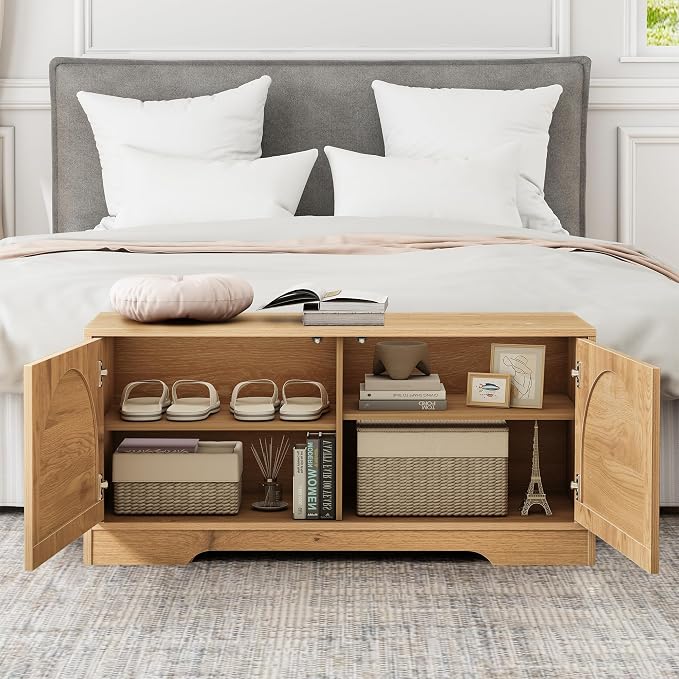 BERRYMERRY 39.4" Fluted Shoe Storage Bench for Entryway | Arched Door,Entryway,End of Bed,Shoe Cabinet,Adjustable Shelf,Bedroom,Natural,Mid Century Modern,2 Tier