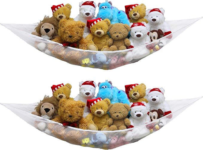 Simple Houseware 2 Pack Stuffed Animal Toy Hammock Net, White | Jumbo Size Corner Wall Storage for Kids Room