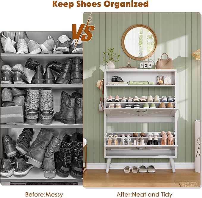 Shoe Storage Cabinet with 2 Flip Drawers for Entryway,White | Narrow Shoe Storage Organizer Rack, Hidden Shoe Cabinet with Adjustable Shelves for Entryway, Hallway, Living Room