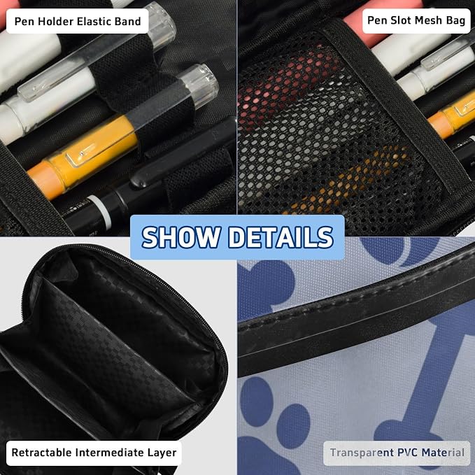 Pet Pawprints Blue print Large Capacity Pencil Case with Zipper Water Resistant Portable Organizer Pen Bag for School Students Office