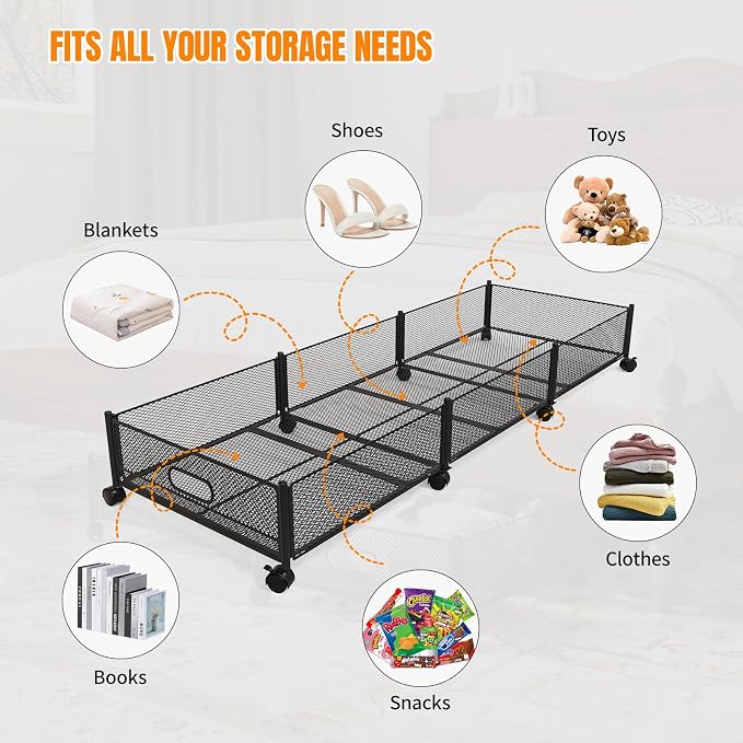 Under Bed Storage With Wheels, 47.2''/90lbs/57.6L, Metal Frame Under Bed Rolling Storage, Tool-Free Assembly Underbed Drawers, Underbed Organizer Containers for Shoes, Clothes and Toys