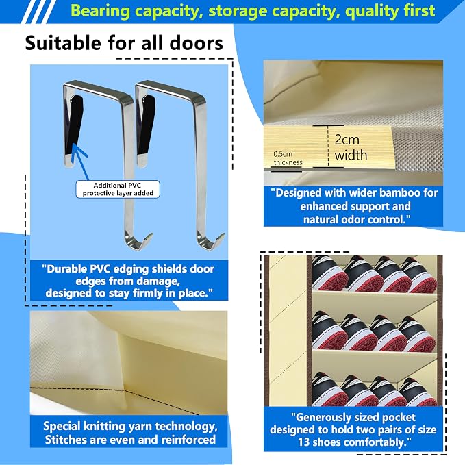 10 Tiers Shoe Organizer for Closet, 20 to 30 Pairs Shoe Rack Door | Extra Deep Pockets Over the Door Shoe Organizer for Dorm and Back Door, Heavy Duty Anti-Scrath Hanging Hooks Shoe Storage