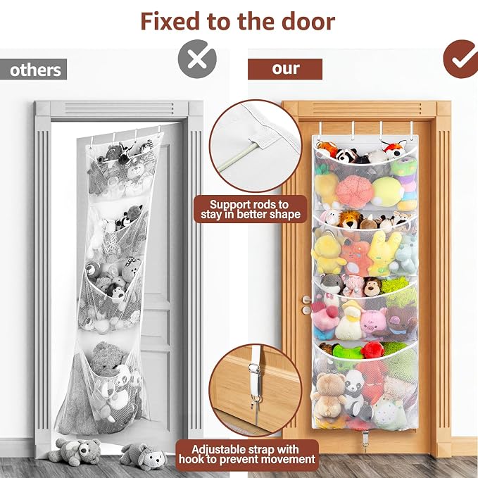 Over Door Stuffed Animal Storage, Hanging Plush Toy Organizer Holder | Behind Door Organizer with 4 Large Pockets, Mesh Hammock Bag for Doll & Bear Stuffies, Idea for Girl Boy Kid Nursery Closet