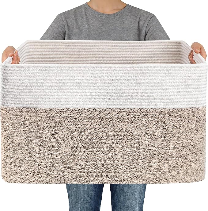 JMvicyroam 65L Large Woven Cotton Rope Blanket Basket, White&Oatmeal | Blanket storage for living room or bedroom use, Freestanding with reinforced handles, Entire basket is machine washable