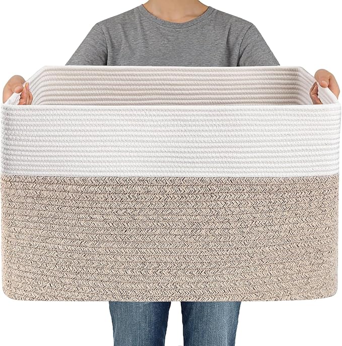 JMvicyroam 96L Large Woven Cotton Rope Blanket Basket, White&Oatmeal | Blanket storage for living room or bedroom use, Freestanding with reinforced handles, Entire basket is machine washable