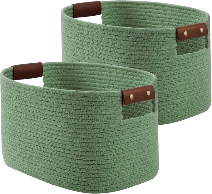 ECDYQXVU 15x10x9" Woven Cotton Rope Storage Basket, Leather Handles 2 Pack | Foldable Design, Sturdy PU Handles, Easy to Clean Organizer for Living Room, Closet, Shelves, Bedroom, Laundry, Clothes
