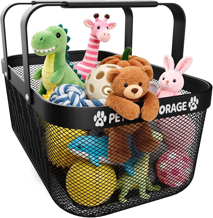 Dog Toy Basket, Metal Wire Dog Toy Storage Bin with Handles, Roomy Medium Pet Toy Organizer, Sturdy Basket for Living Room Area and Outdoor Play Toys, Black, 16" x 9.5" x 7"