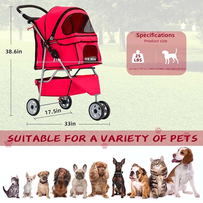 Dog Stroller with Storage Basket,3 Wheels Pet Stroller,Breathable Compact Portable Folding Carrier for Travel,Camping,Dog Carrier for Small Medium Dogs Or Cats,Lightweight Waterproof Pet Stroller,Red