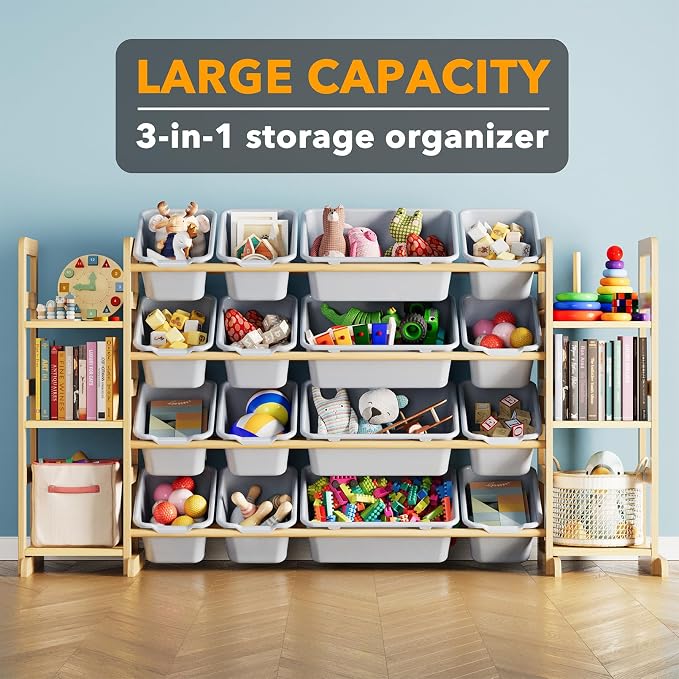 SpaceAid Toy Storage Organizer with 6 Shelves and 16 Bins, Toy Organizers Storage Bookshelf, Kids Bin Shelf Toys Box Bookcase for Bedroom Playroom Organization Room Decor, Neutral Gray