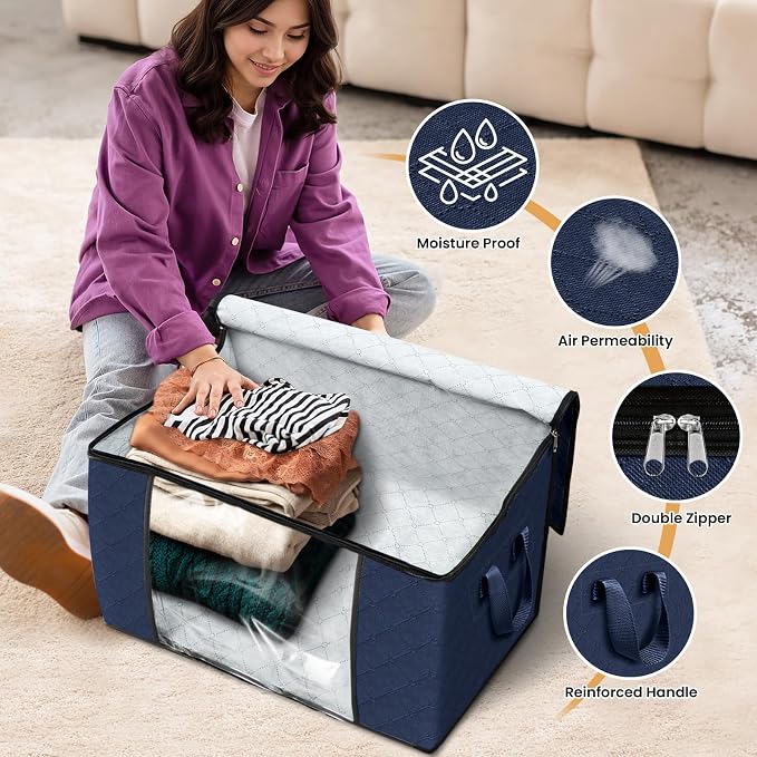 90L Clothes Storage, Foldable Thick Fabric Blanket Storage Bags | Foldable Containers with Zippers,Window and Handles for Organizing Bedroom, Closet, Comforter, Bedding,Dorm essentials