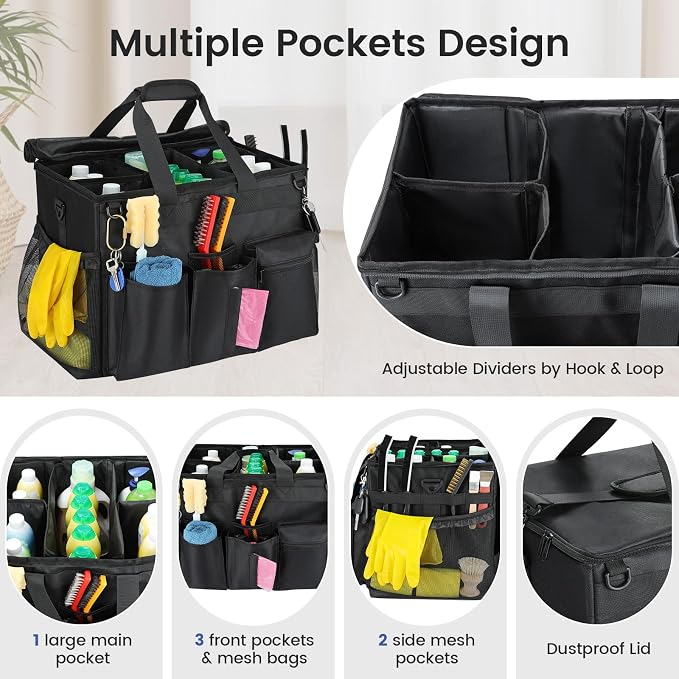 Housolution Extra Large Rolling Cleaning Caddy Bag with Wheels, Black | Upgrade 360° Free Rotating, Detachable Trolley & Dust-Proof Lid, High load Bearing & Waterproof
