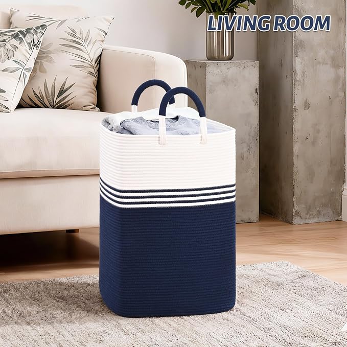 Laundry Basket Hamper,Blanket Storage,Dirty Clothes Hamper with Swivel Handles,Woven Cotton Rope Toy Baskets,Blanket Basket Living Room,Decorative Hampers for Nursery,Bedroom,White & Blue,60L