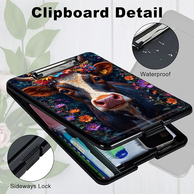 Heavy Duty Storage Clipboard, Slim Nursing Clipboard with Internal Pen Case, Portable File Organizer Case for A4 Letter Size Paper Office Medical Professionals, Black White Cow Flower