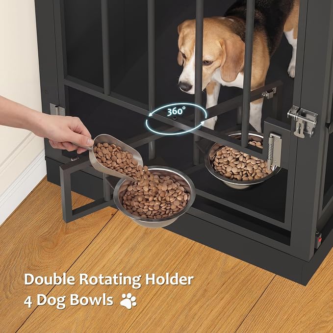 HOSTACK 71" Tall Dog Crate Furniture, Indoor Dog Kennel with Storage, Black | Removable Room Divider, 4 feeding bowls, Adjustable Shelves, Metal Lock & Spring Latch, Farmhouse Pet House for XL/XXL Dogs