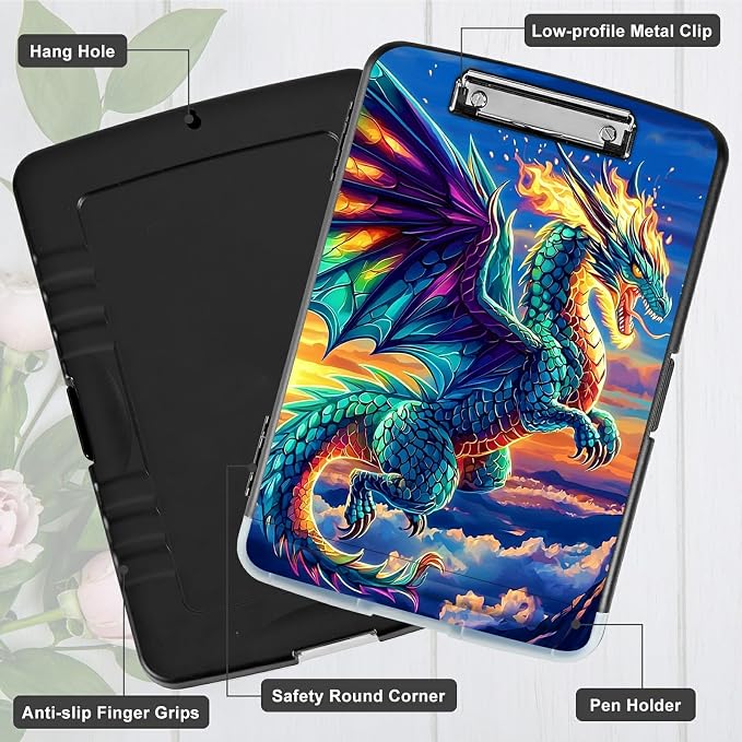 Blue Cloud Dragon A4 Clipboard with Storage Pen Holder, Clipboards Organizer Nursing Clipboard Foldable File Folder Plastic Clipboard Folio Clip Board for Office Students Classroom Doctor