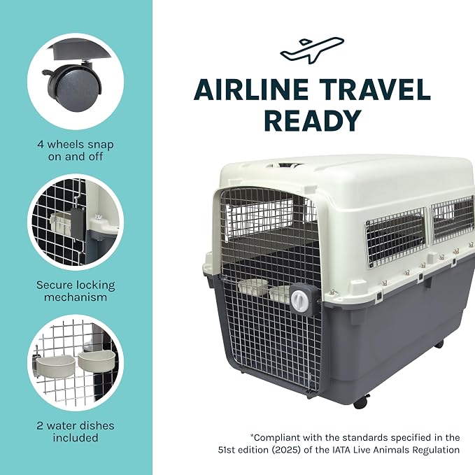 SportPet Airline Compliant XXX-LARGE 48" Travel Dog Kennel-Durable Plastic Airline Pet Carrier w/Removable Wheels & Food Bowls, Collapsible Indoor/Outdoor Dog Kennel, Dogs up to 44"L & 33"H-Cream/Gray