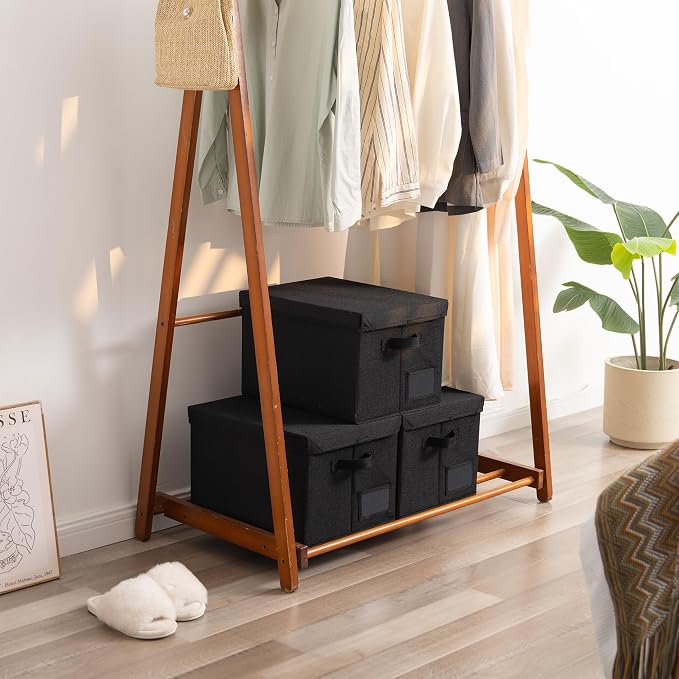 GRANNY SAYS Storage Bins with Lids, Decorative Storage Boxes with Lids | Storage Box with Dust Cover, Handles & Lable, Collapsible, Ideal for Closet Clothes Blanket Toys, Large, Black, 3-Pack