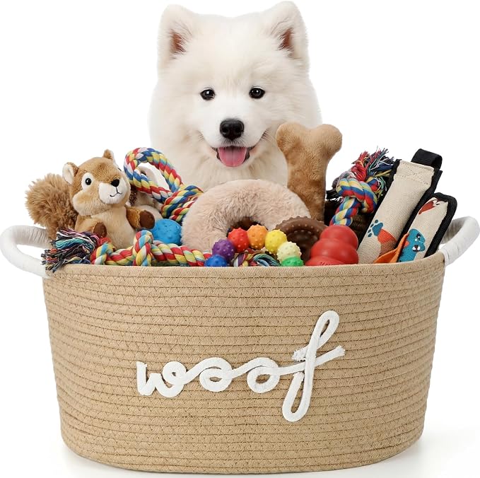 Dog Toy Storage Basket with Handles, 14.6 x 10.6 x 8.7 Inch Cotton Rope Dog Toy Storage Bin Woven Pet Organizer Shelf Basket for Pet Chew Toys, Foods