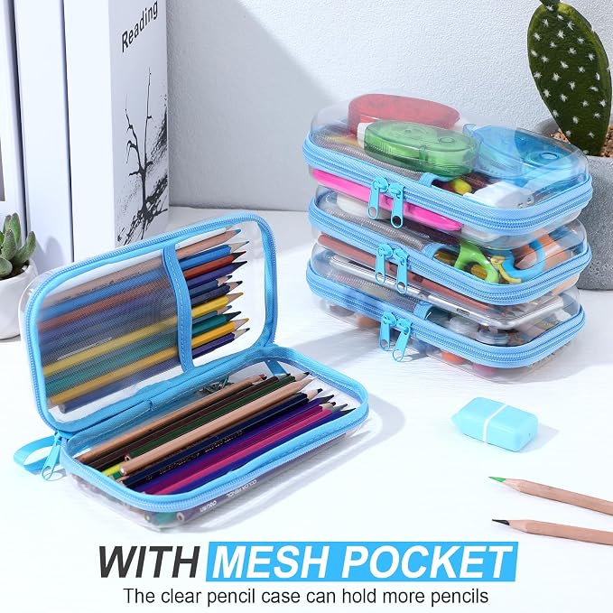 Sanwuta 4 Pcs Clear Hard Shell Zipper Case Clear Travel Pouches Bulk Plastic Portable Travel Organizer Bin with Mesh Pocket Toiletry Pouch Cosmetics Makeup Bag Snack Toiletry Bag(Blue)