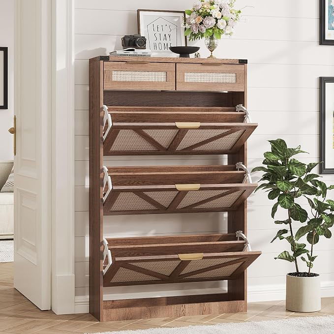 Halitaa Shoe Cabinet with 3 Flip Drawers & 2 Drawers,Freestanding Shoe Storage Cabinet for Entryway,Farmhouse Narrow Slim Organizer Rack for Foyer,Hallway,Rustic Oak Rattan