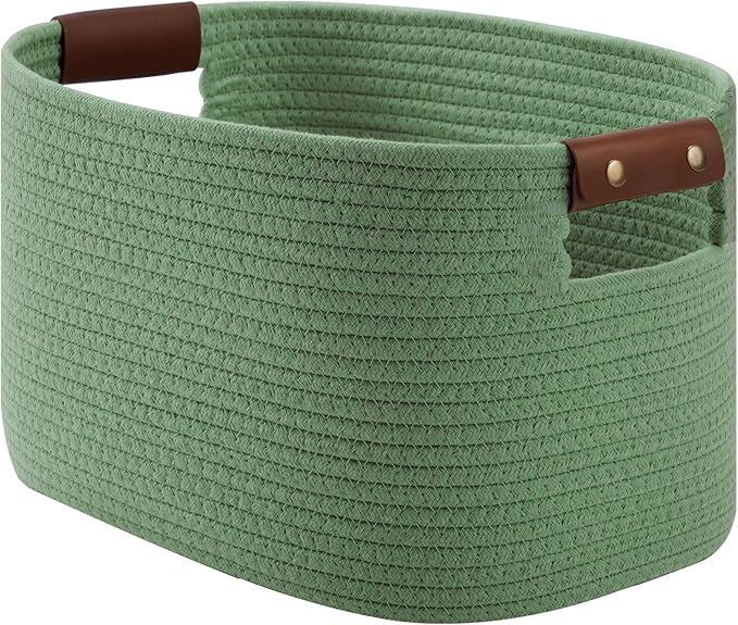 ECDYQXVU 15x10x9 Woven Cotton Rope Storage Basket, Leather Handles 1 Pack | Foldable Design, Sturdy PU Handles, Easy to Clean Organizer for Living Room, Closet, Shelves, Bedroom, Laundry, Clothes