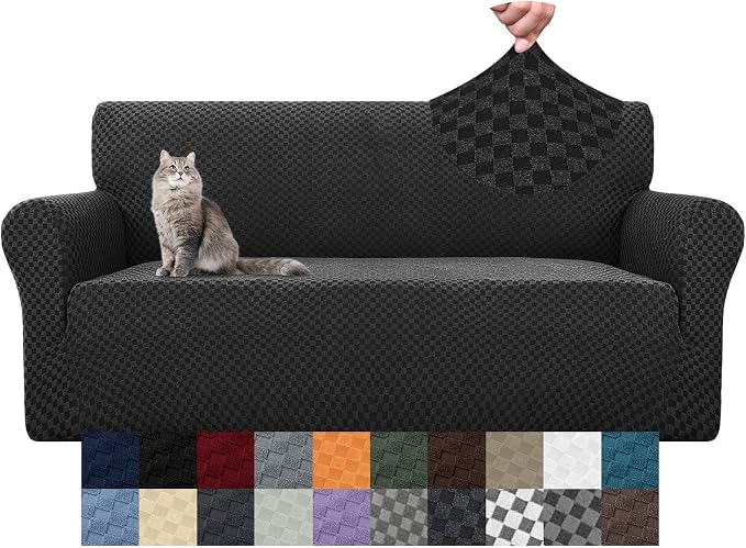 YEMYHOM Couch Cover Latest Jacquard Design High Stretch Sofa Covers for 3 Cushion Couch, Pet Dog Cat Proof Slipcover Non Slip Magic Elastic Furniture Protector (Large, Black Checkered)