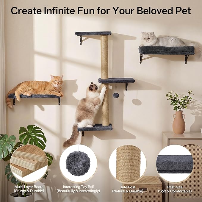 MEWANG 5-in-1 Cat Wall Shelves: Cat Climbing Furniture with Wall Mounted Perch & Lounge for Indoor Cats, Space-Saving Wall Pet Shelves for Play & Rest - Grey