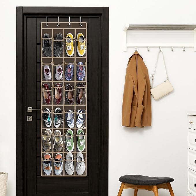 Simple Houseware 24 Pockets Clear Over the Door Shoe Organizer, Brown | 64" x 19", 4 Durable Metal Hooks, 4.3" x 9.5" Pocket Size, Multipurpose