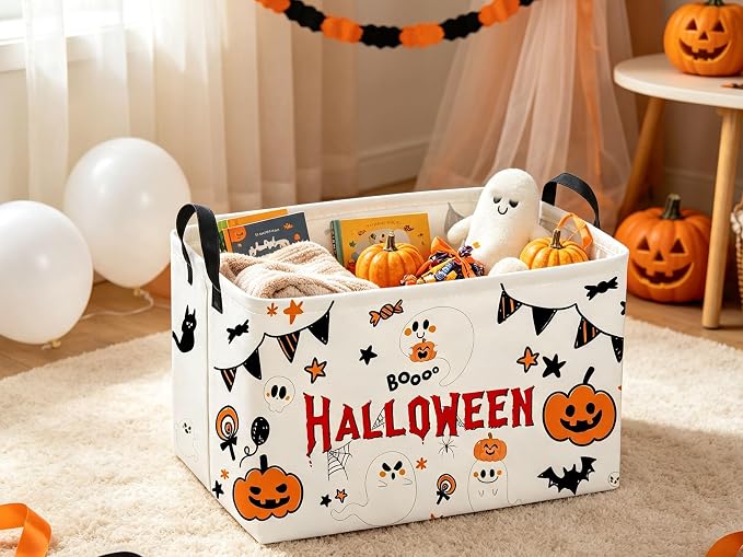 Sanjiaofeng Rectangular Halloween Ghost Storage Basket,Halloween Basket.Cute Baskets for Room Decor, Pumpkin Baskets with Handles.Books Bins,Gifts Box(White Ghost)